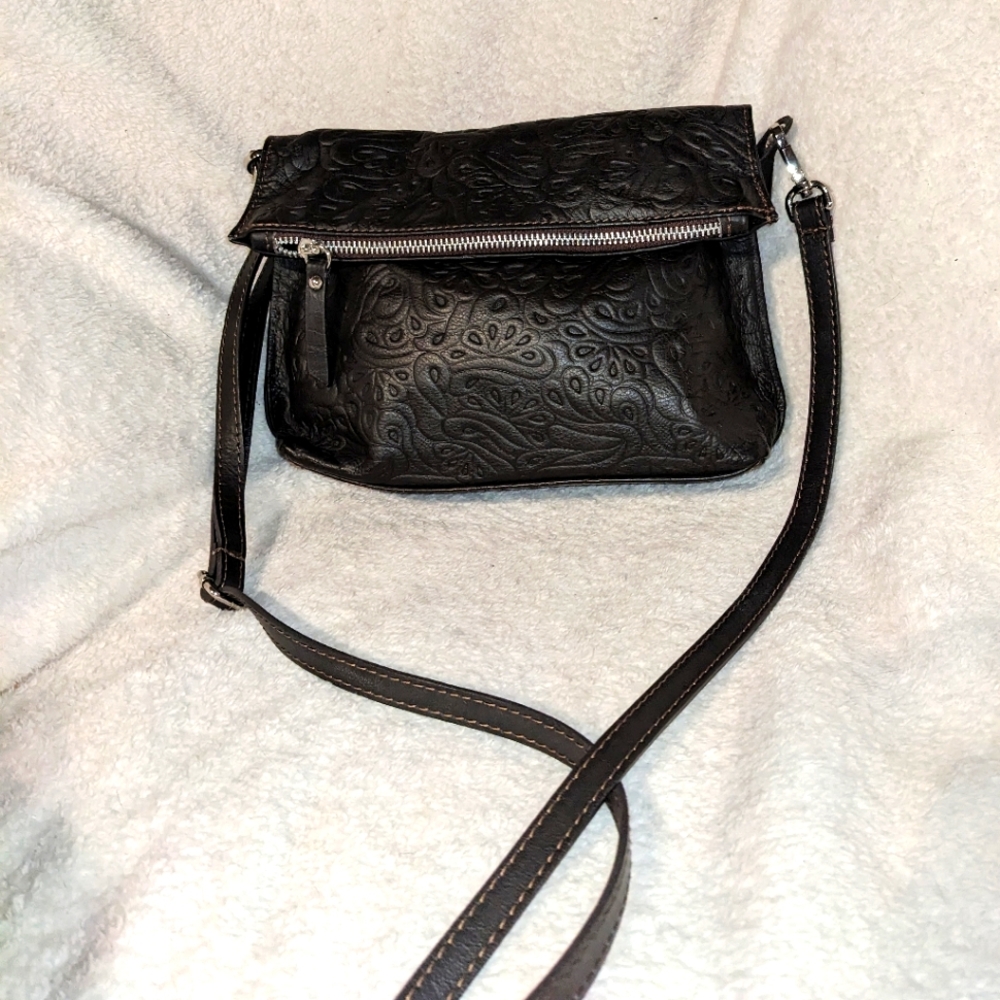 Chocolate Brown‎ Tooled Italian Leather Fold-over Crossbody Purse